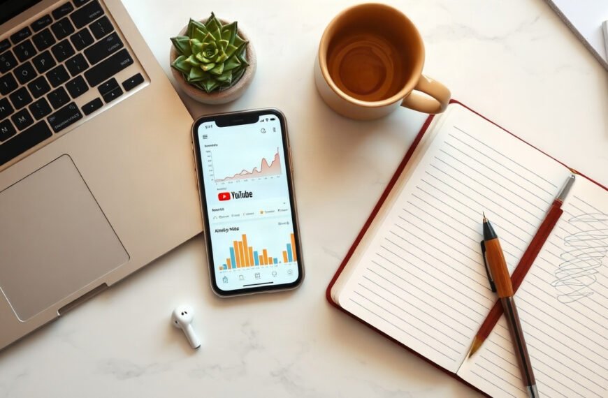 유튜브 알고리즘 - flat lay of smartphone showing YouTube interface with analytics graph and notebook on white desk, YouTube algorithm concept