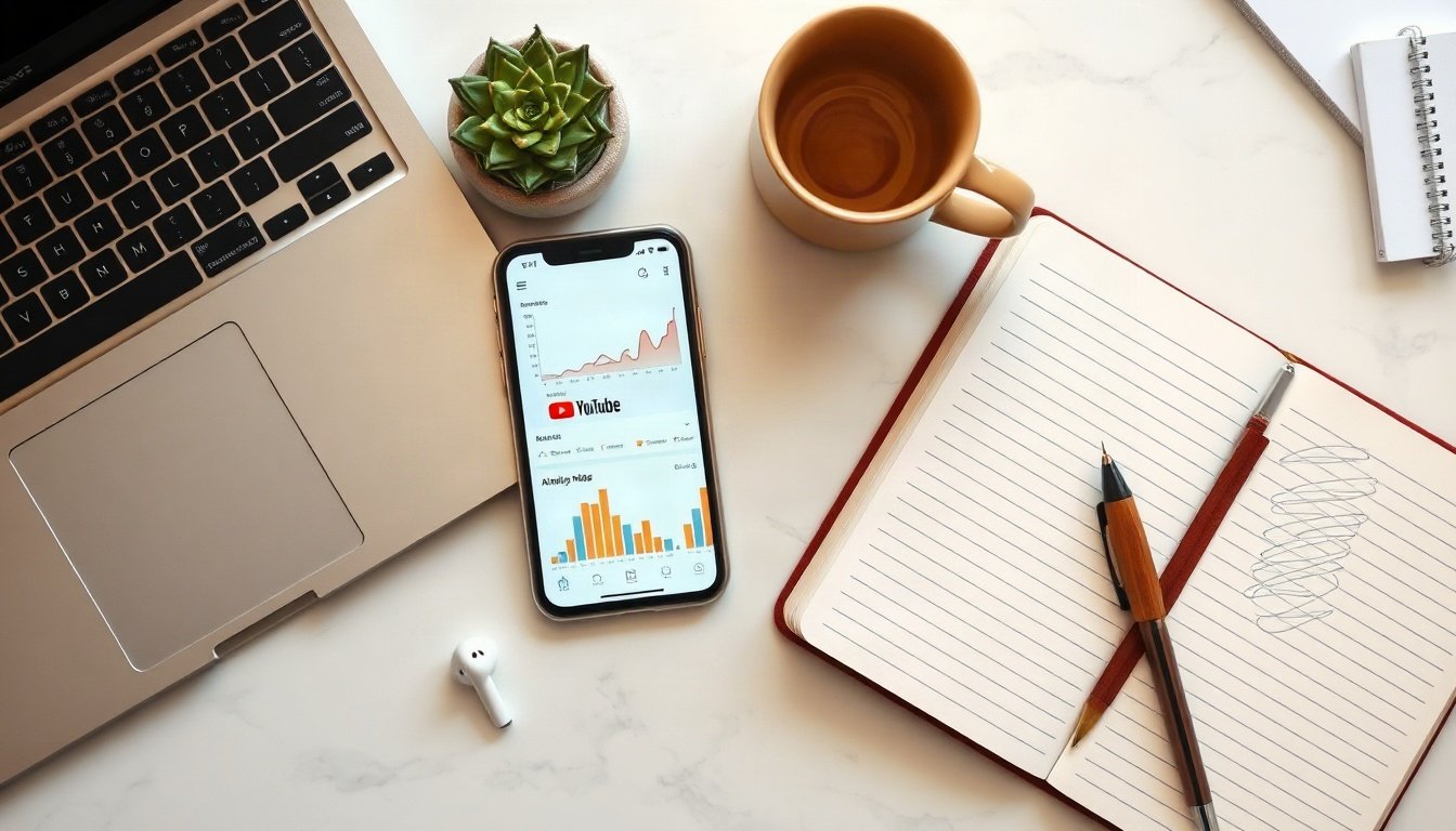 유튜브 알고리즘 - flat lay of smartphone showing YouTube interface with analytics graph and notebook on white desk, YouTube algorithm concept