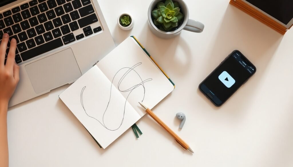 유튜브 채널 운영 - flat lay of smartphone showing YouTube app, notebook with content plan, and earphones on white desk, YouTube channel operation strategy concept