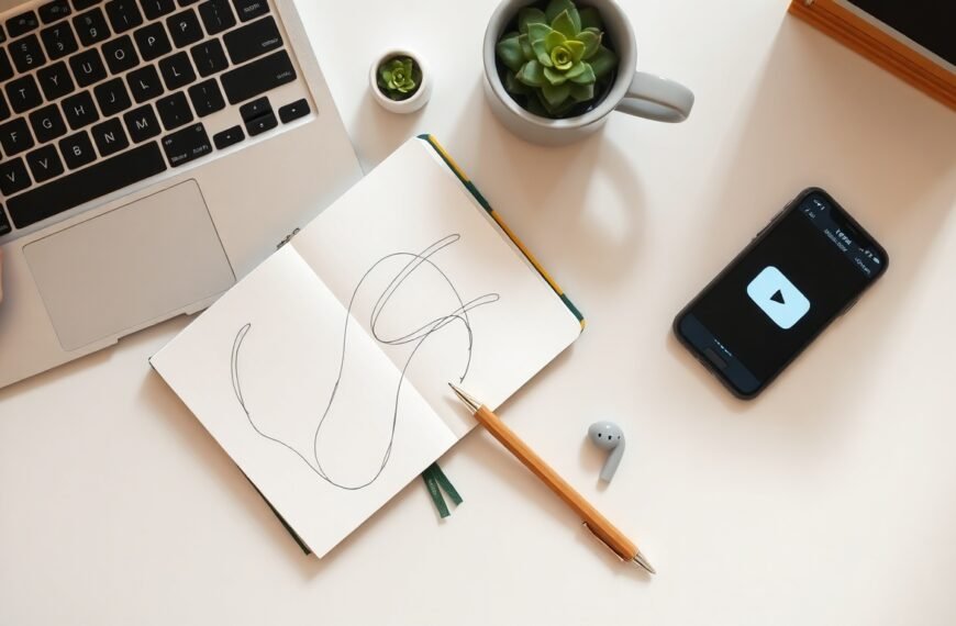 유튜브 채널 운영 - flat lay of smartphone showing YouTube app, notebook with content plan, and earphones on white desk, YouTube channel operation strategy concept