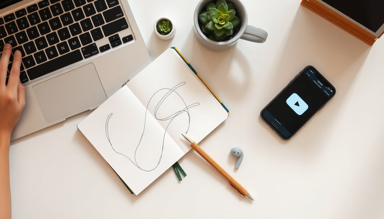 유튜브 채널 운영 - flat lay of smartphone showing YouTube app, notebook with content plan, and earphones on white desk, YouTube channel operation strategy concept