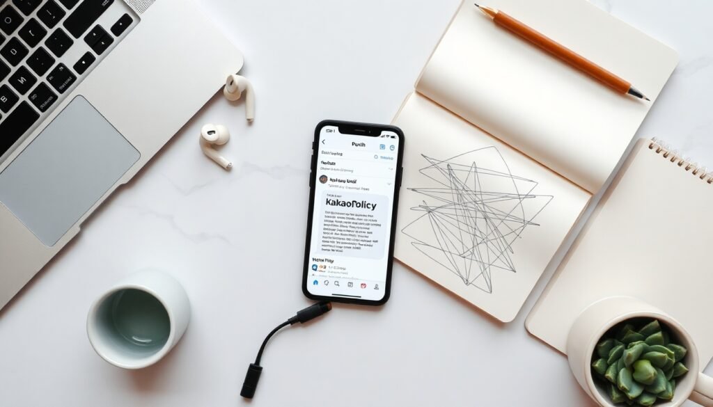 카톡으로 청년정책 - flat lay of smartphone showing KakaoTalk chat interface with youth policy notification, modern desk background, Korean youth policy concept