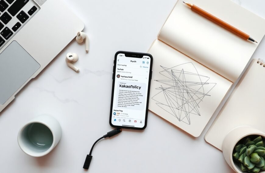 카톡으로 청년정책 - flat lay of smartphone showing KakaoTalk chat interface with youth policy notification, modern desk background, Korean youth policy concept