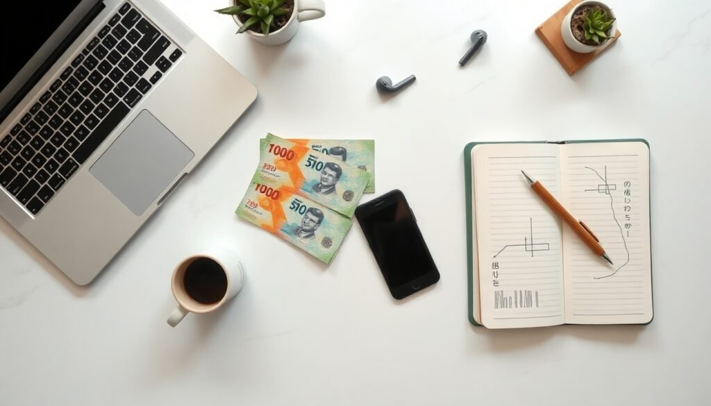 재테크 방법 - flat lay of Korean won bills, investment notebook, and smartphone on white desk, personal finance and investment strategy concept