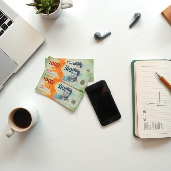재테크 방법 - flat lay of Korean won bills, investment notebook, and smartphone on white desk, personal finance and investment strategy concept
