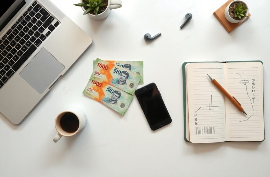 재테크 방법 - flat lay of Korean won bills, investment notebook, and smartphone on white desk, personal finance and investment strategy concept