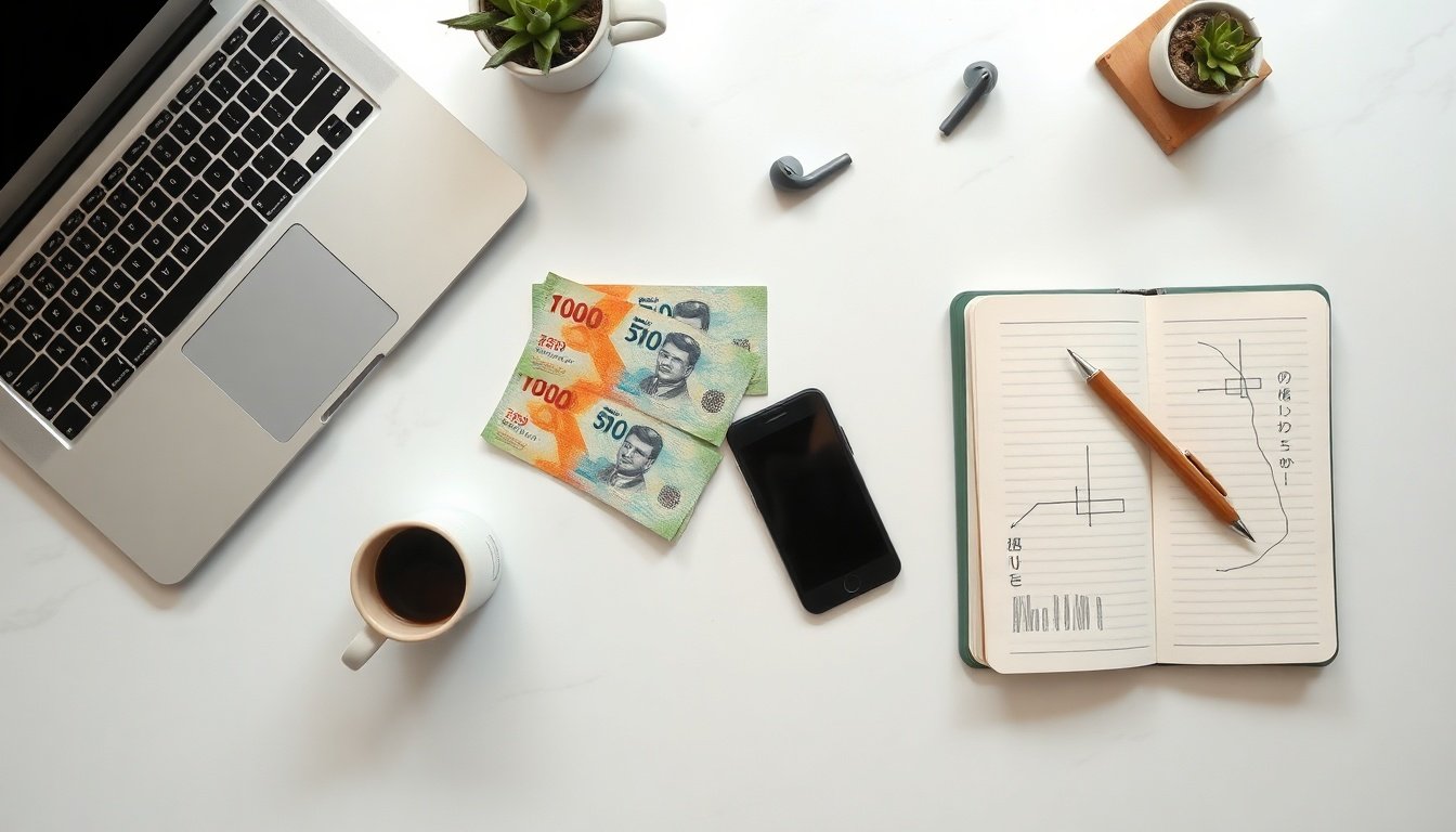 재테크 방법 - flat lay of Korean won bills, investment notebook, and smartphone on white desk, personal finance and investment strategy concept