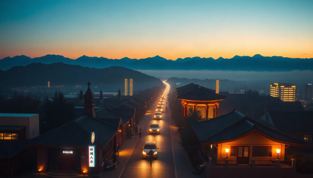 김학홍 문경시장 - aerial view of Mungyeong city landscape with mountains and traditional architecture, South Korea tourism destination