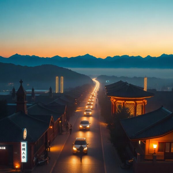 김학홍 문경시장 - aerial view of Mungyeong city landscape with mountains and traditional architecture, South Korea tourism destination