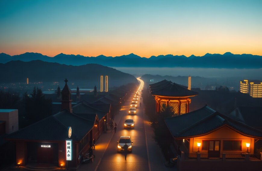 김학홍 문경시장 - aerial view of Mungyeong city landscape with mountains and traditional architecture, South Korea tourism destination