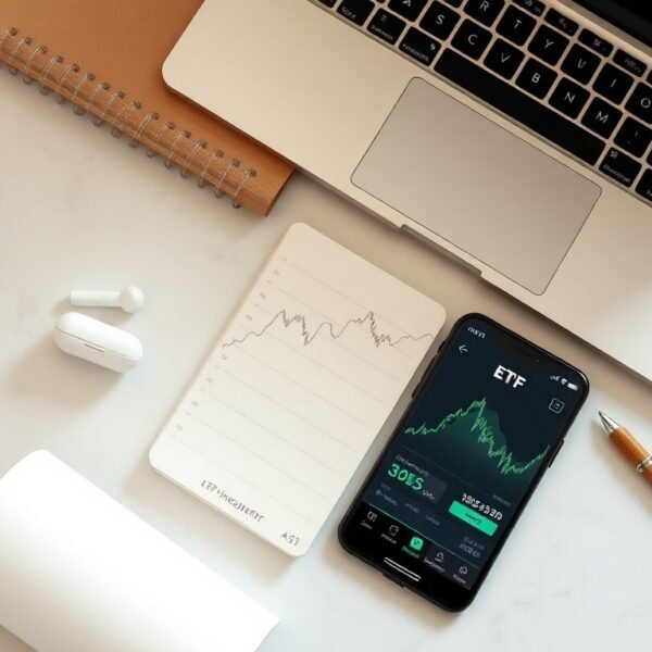 ETF 투자 - flat lay of smartphone showing ETF investment app, notebook with financial charts, and pen on white desk, ETF investment concept