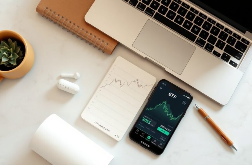 ETF 투자 - flat lay of smartphone showing ETF investment app, notebook with financial charts, and pen on white desk, ETF investment concept