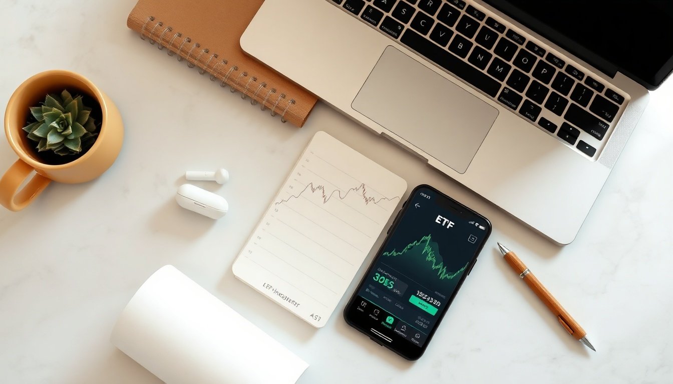ETF 투자 - flat lay of smartphone showing ETF investment app, notebook with financial charts, and pen on white desk, ETF investment concept