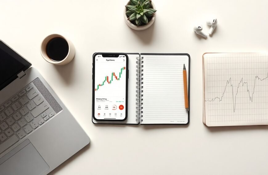 코인 투자 - flat lay of smartphone showing cryptocurrency chart and notebook with pen on white desk, coin investment strategy concept