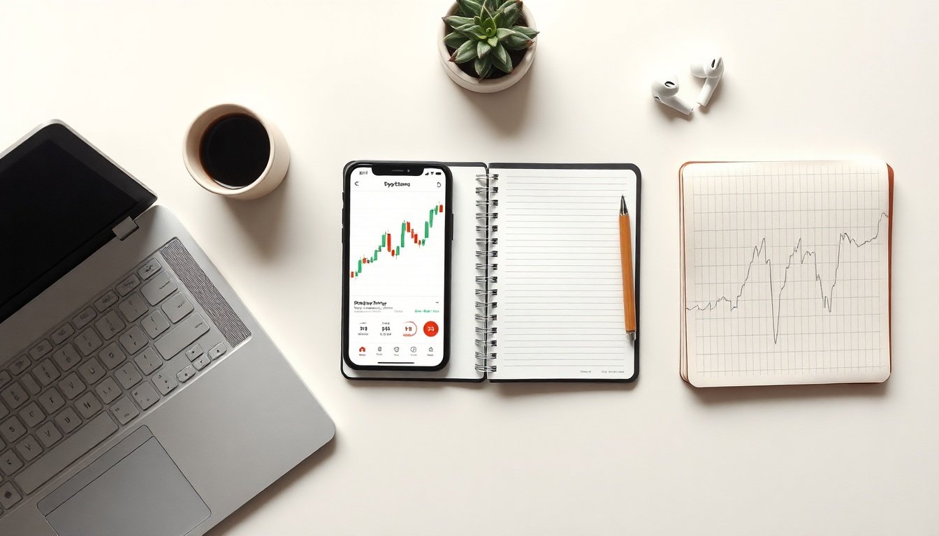 코인 투자 - flat lay of smartphone showing cryptocurrency chart and notebook with pen on white desk, coin investment strategy concept