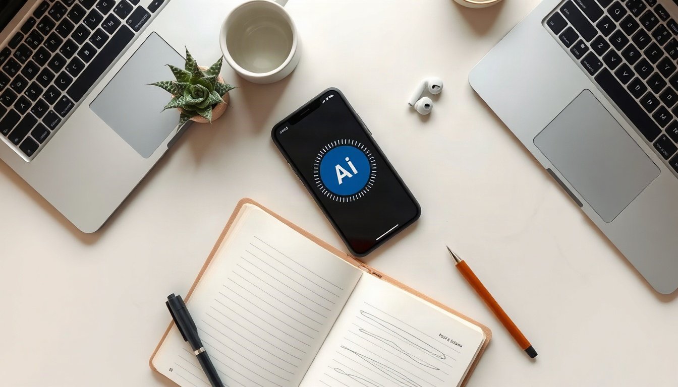 AI 영상 제작 - flat lay of smartphone showing AI video app interface, with notebook and pen beside it, AI video production planning concept