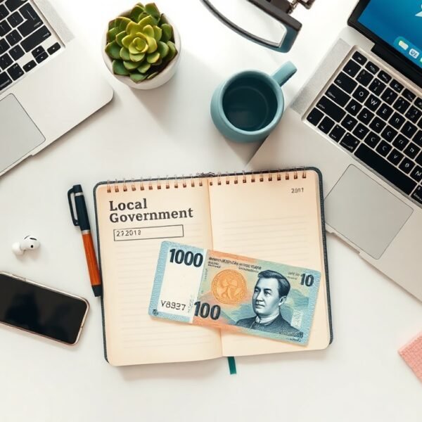 의회 판읽기 - flat lay of local government document and Korean won currency on a clean white desk, civil support fund concept