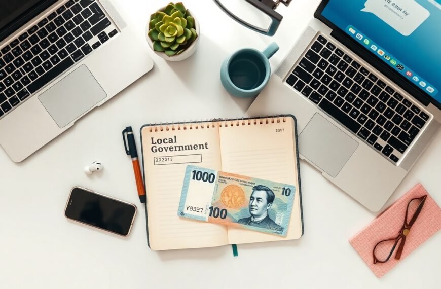 의회 판읽기 - flat lay of local government document and Korean won currency on a clean white desk, civil support fund concept