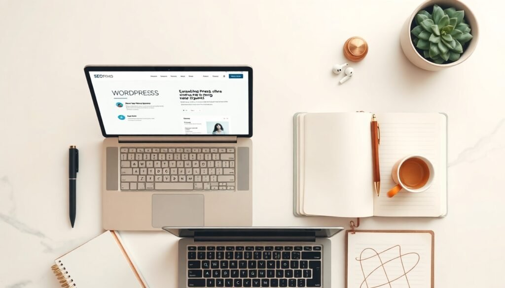 워드프레스 SEO - flat lay of laptop displaying WordPress dashboard with SEO plugin interface on white desk, SEO optimization concept