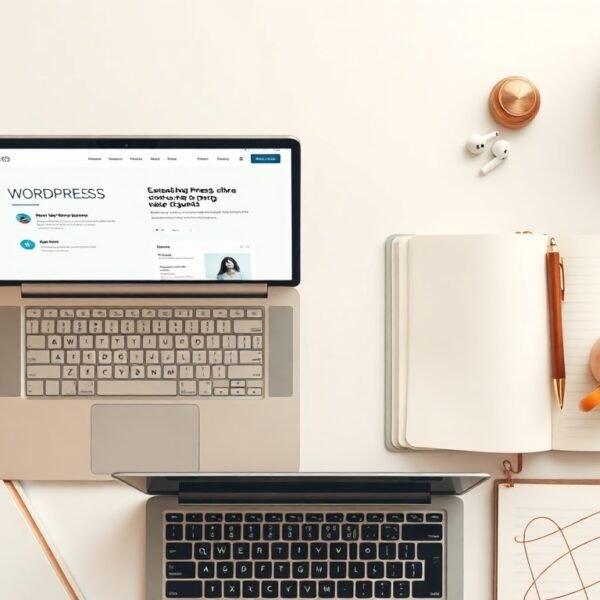 워드프레스 SEO - flat lay of laptop displaying WordPress dashboard with SEO plugin interface on white desk, SEO optimization concept