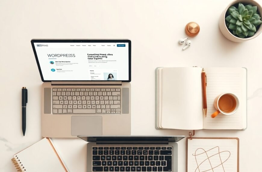 워드프레스 SEO - flat lay of laptop displaying WordPress dashboard with SEO plugin interface on white desk, SEO optimization concept