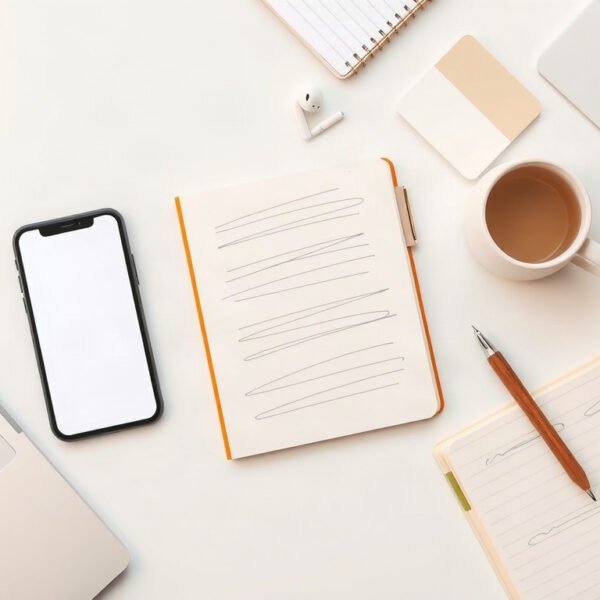 ChatGPT - flat lay of smartphone displaying ChatGPT interface with notebook and pen on white desk, AI technology concept