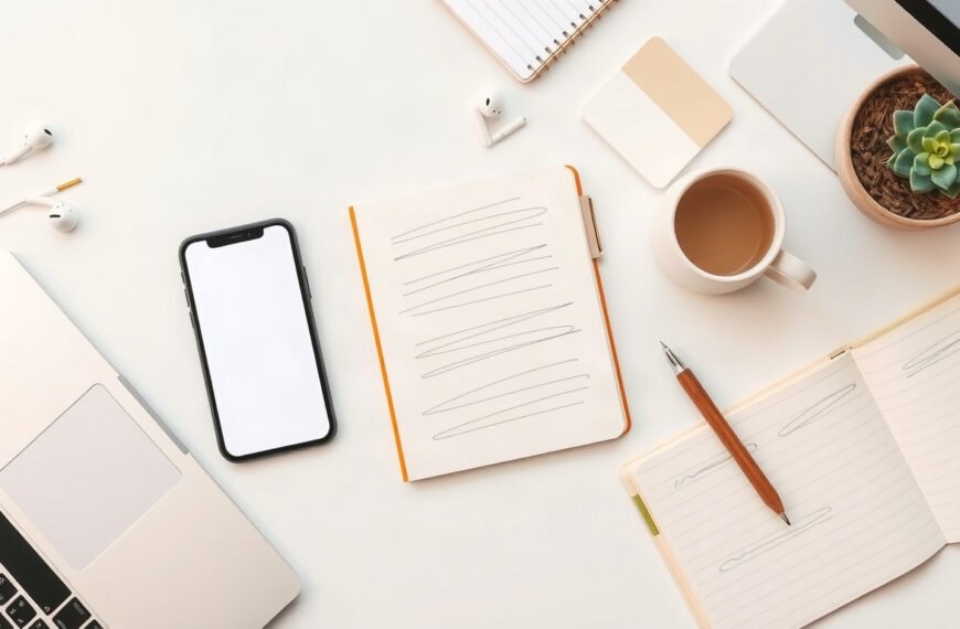 ChatGPT - flat lay of smartphone displaying ChatGPT interface with notebook and pen on white desk, AI technology concept