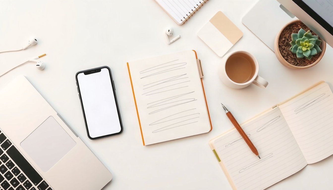 ChatGPT - flat lay of smartphone displaying ChatGPT interface with notebook and pen on white desk, AI technology concept
