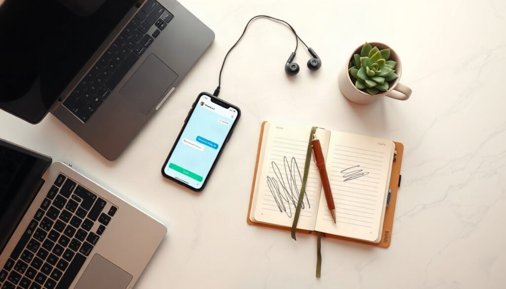 챗봇 만들기 - flat lay of laptop and smartphone showing chatbot interface on screen, chatbot creation concept, modern desk setup