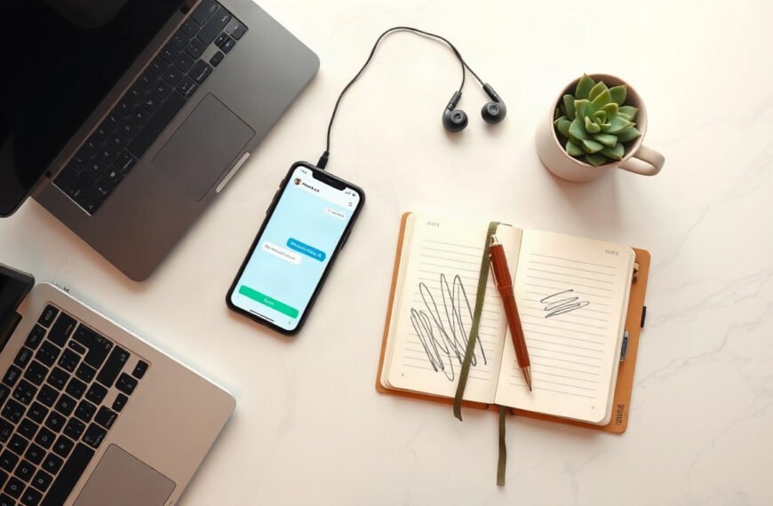 챗봇 만들기 - flat lay of laptop and smartphone showing chatbot interface on screen, chatbot creation concept, modern desk setup