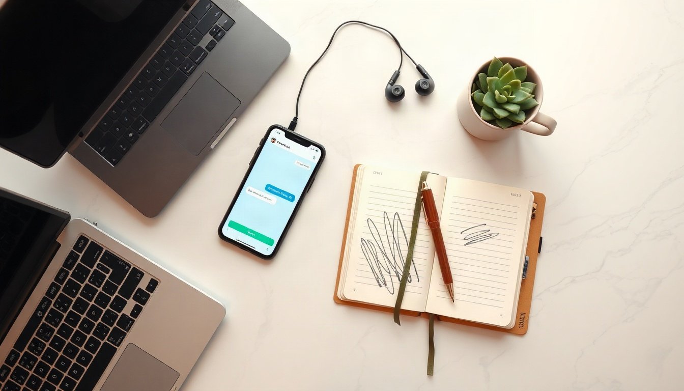 챗봇 만들기 - flat lay of laptop and smartphone showing chatbot interface on screen, chatbot creation concept, modern desk setup