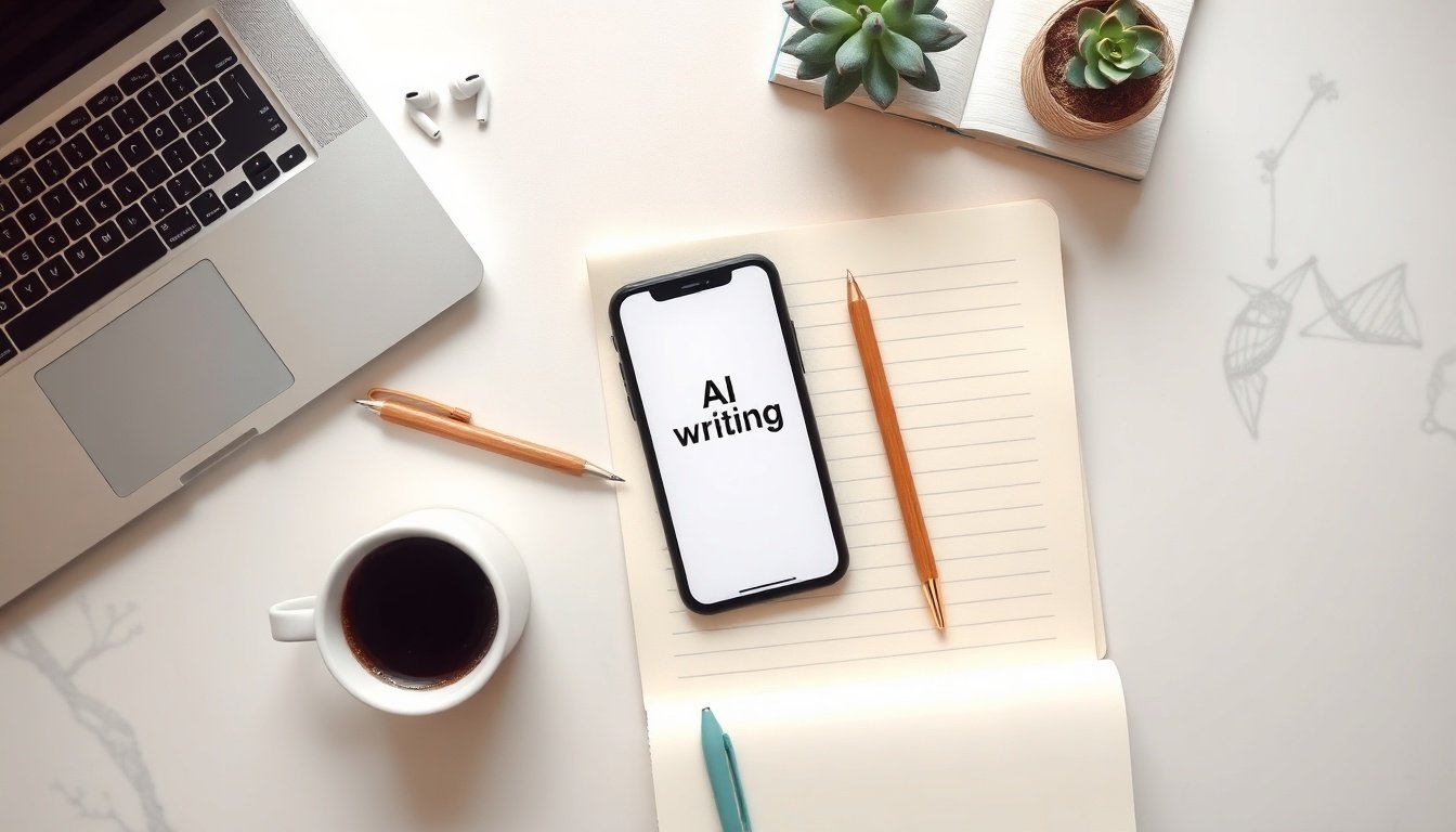 AI 글쓰기 - flat lay of smartphone showing AI writing app interface, coffee cup, and small notebook on wooden desk, AI writing productivity concept