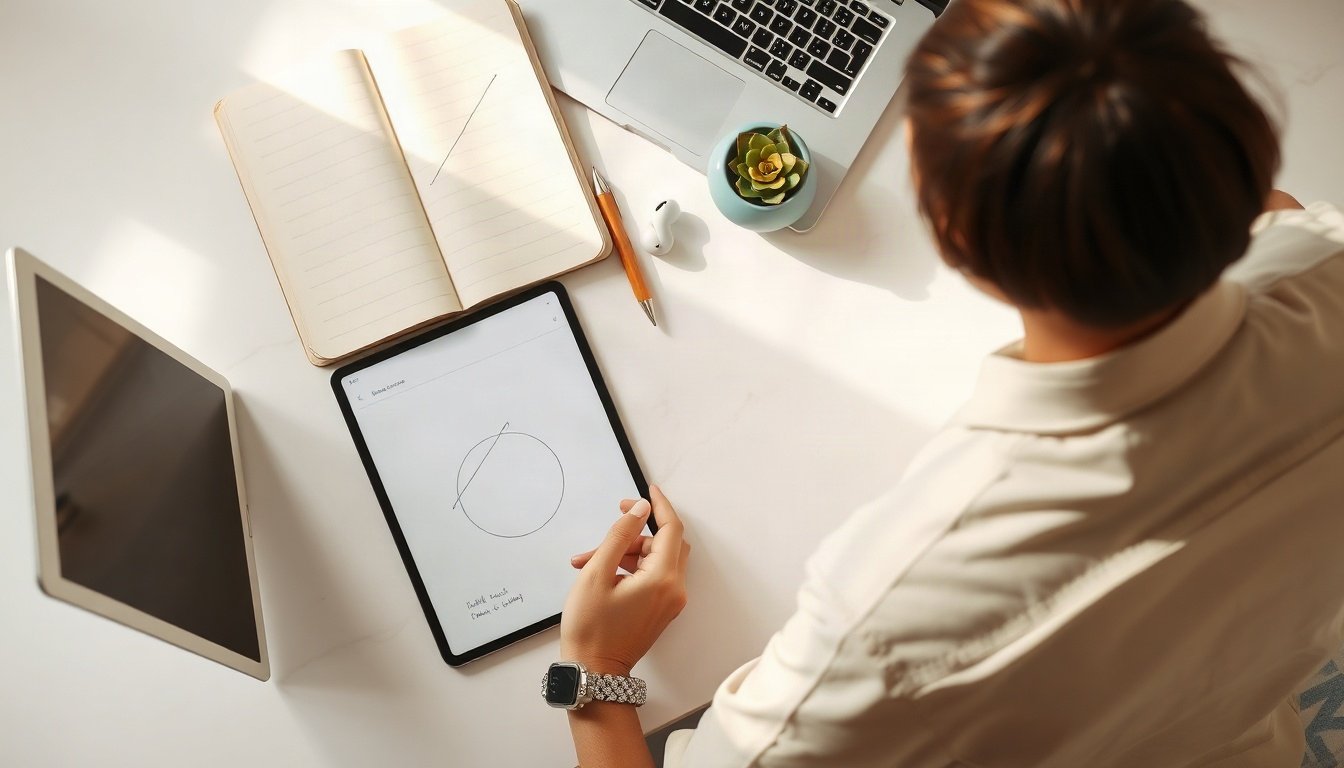 챗봇 만들기 - Korean small business owner upper body shot with face visible, looking at tablet screen showing chatbot analytics dashboard, natural hands, bright office background