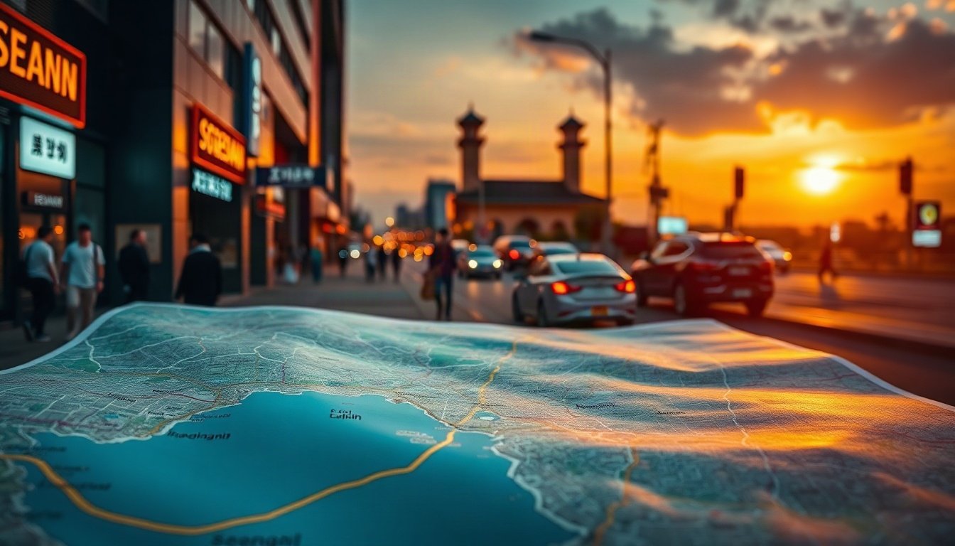 패트롤 성남시 - flat lay of five city maps of Seongnam Yongin Icheon Gwangju Yeoju connected with patrol safety network icon on blue background