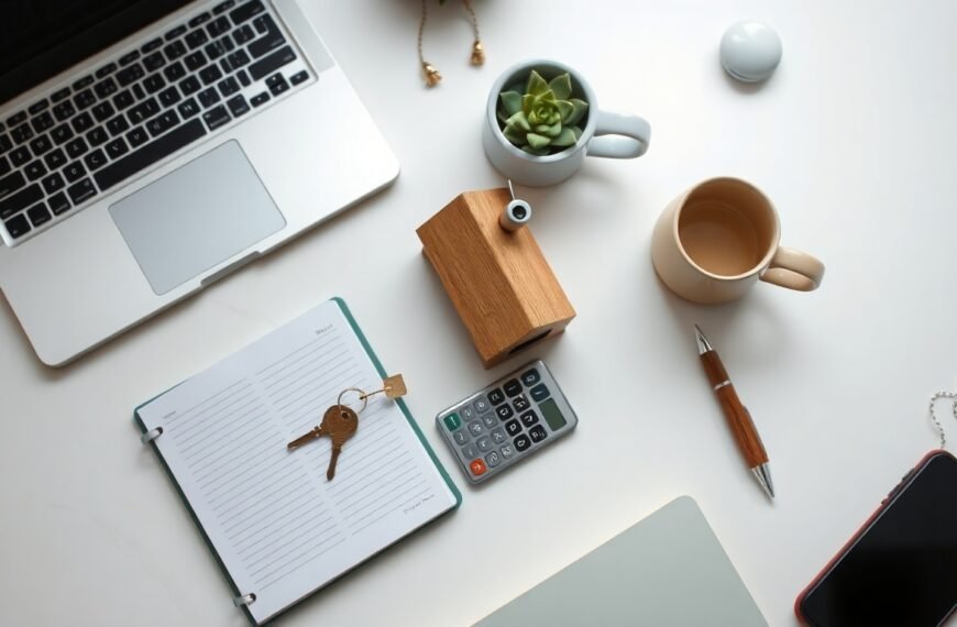 부동산 투자 - flat lay of miniature house model, keys, and calculator on white desk, real estate investment concept
