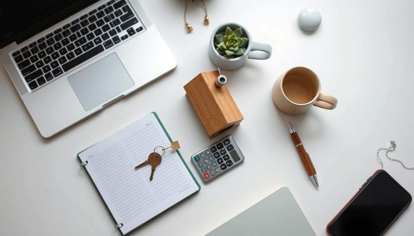 부동산 투자 - flat lay of miniature house model, keys, and calculator on white desk, real estate investment concept