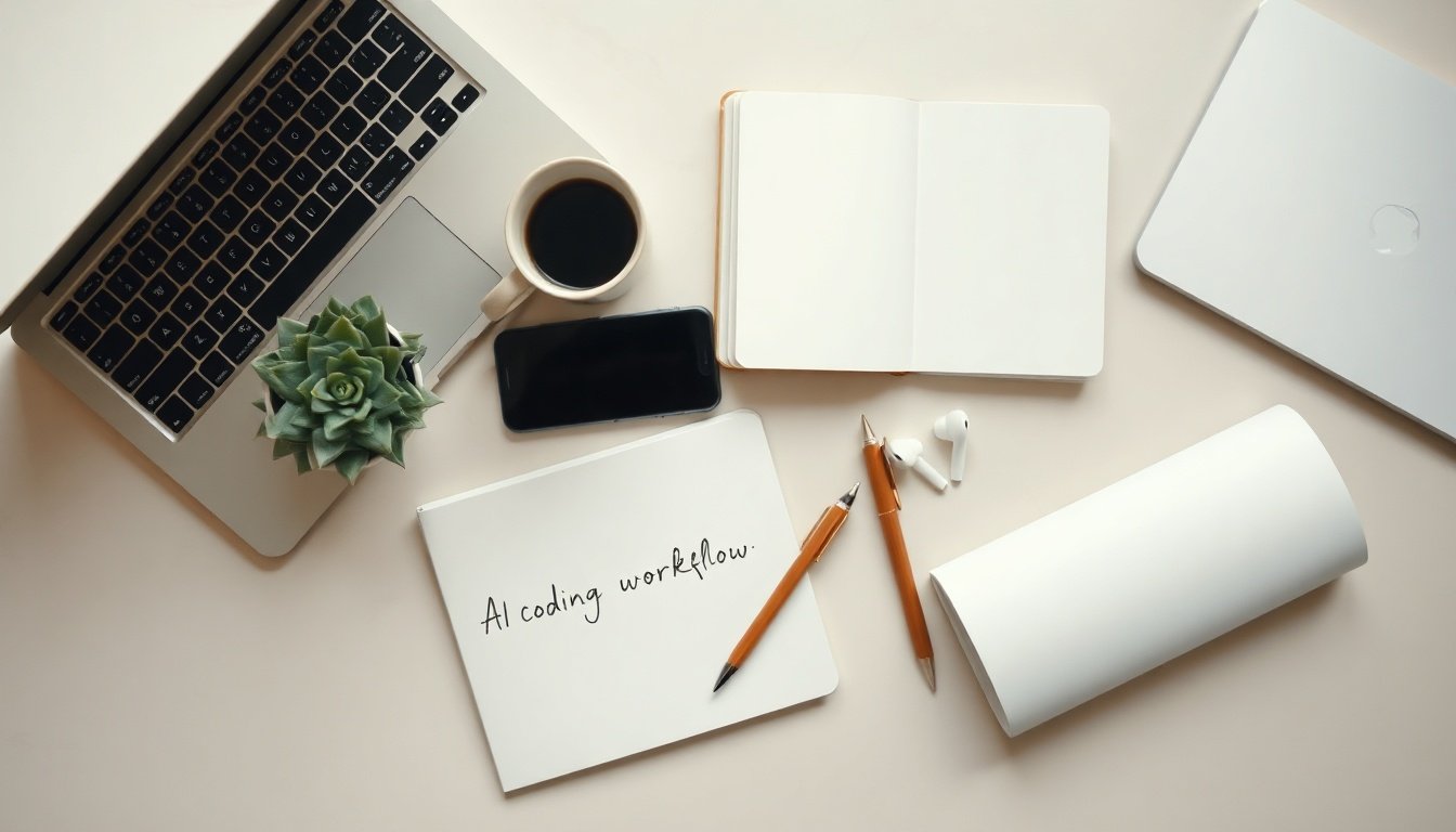 AI 코딩 - flat lay of notebook with handwritten AI coding workflow steps, smartphone showing GitHub app, coffee cup on wooden desk