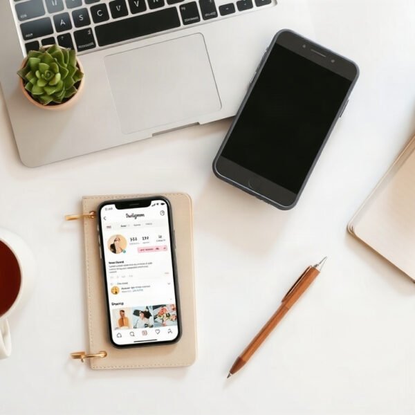 인스타 릴스 - flat lay of smartphone showing Instagram Reels interface on white desk, social media growth concept