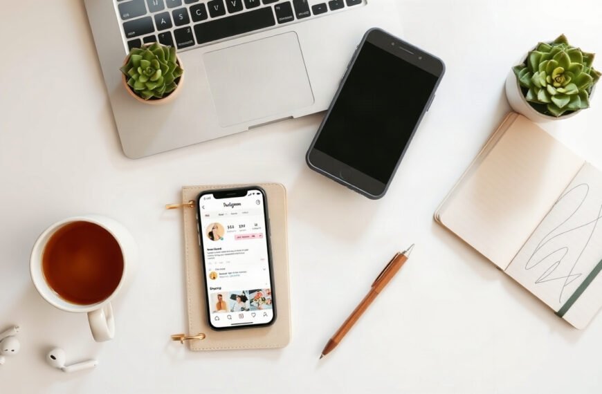 인스타 릴스 - flat lay of smartphone showing Instagram Reels interface on white desk, social media growth concept