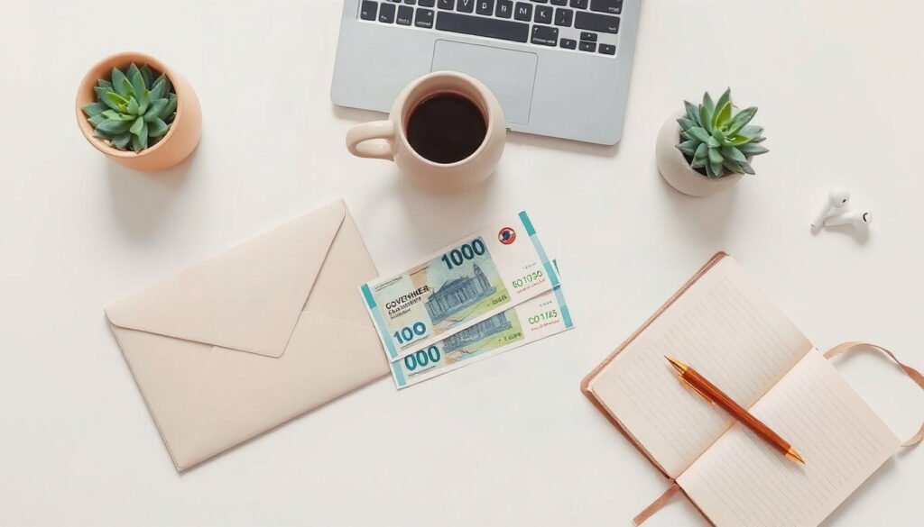 신안군 군민에 - flat lay of Korean government support money envelope and cash on clean white desk, local government welfare benefit concept