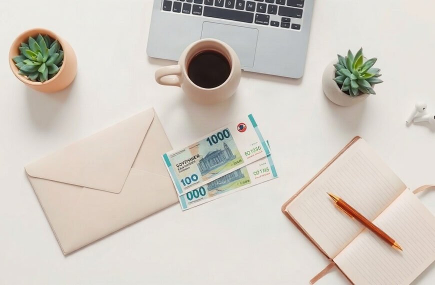 신안군 군민에 - flat lay of Korean government support money envelope and cash on clean white desk, local government welfare benefit concept