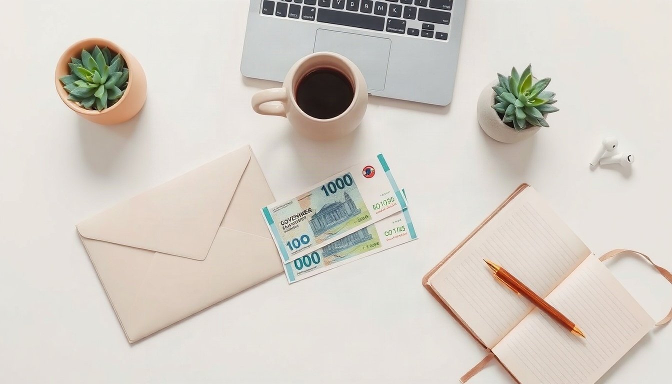 신안군 군민에 - flat lay of Korean government support money envelope and cash on clean white desk, local government welfare benefit concept