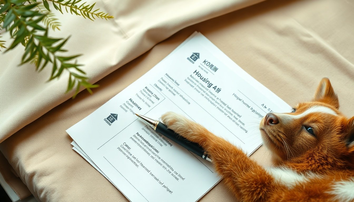 주거급여 - flat lay of Korean government housing benefit application documents and pen on white desk, residential support concept