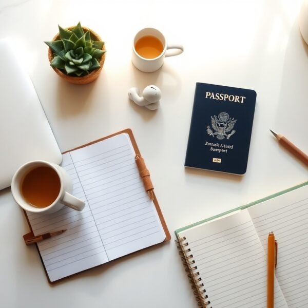 디지털노마드 - flat lay of laptop, passport, coffee cup and notebook on white desk, digital nomad lifestyle concept