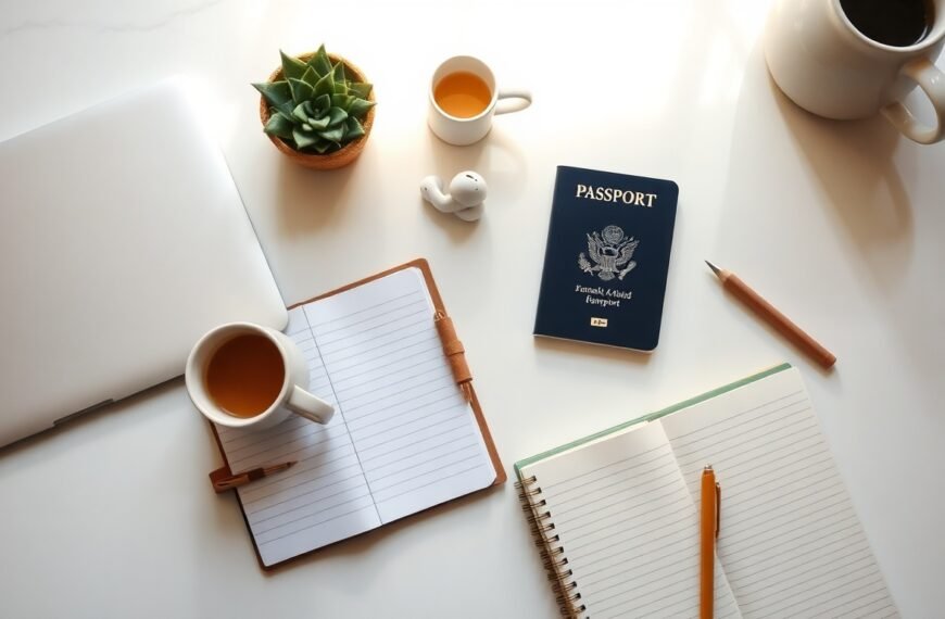 디지털노마드 - flat lay of laptop, passport, coffee cup and notebook on white desk, digital nomad lifestyle concept