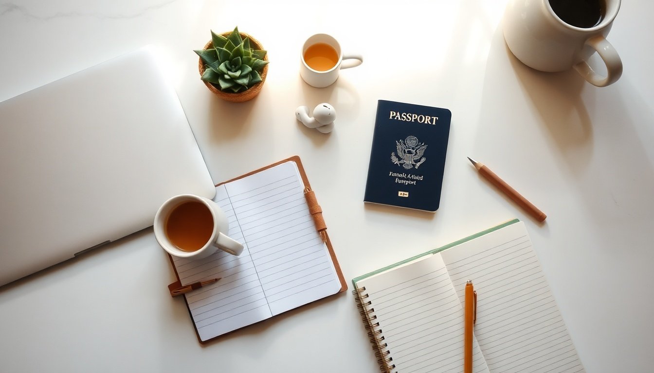 디지털노마드 - flat lay of laptop, passport, coffee cup and notebook on white desk, digital nomad lifestyle concept