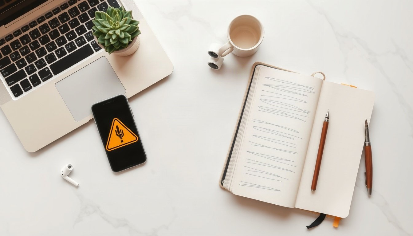 기고 보이스피싱 - flat lay of smartphone with warning sign and money on white desk, voice phishing prevention concept 2026