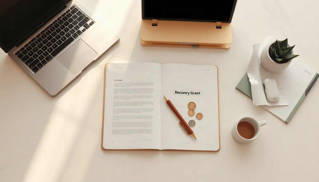 풀면 돈다 - flat lay of Korean economic recovery grant documents and coins on white desk, government support fund concept