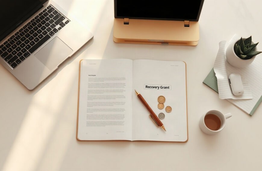 풀면 돈다 - flat lay of Korean economic recovery grant documents and coins on white desk, government support fund concept