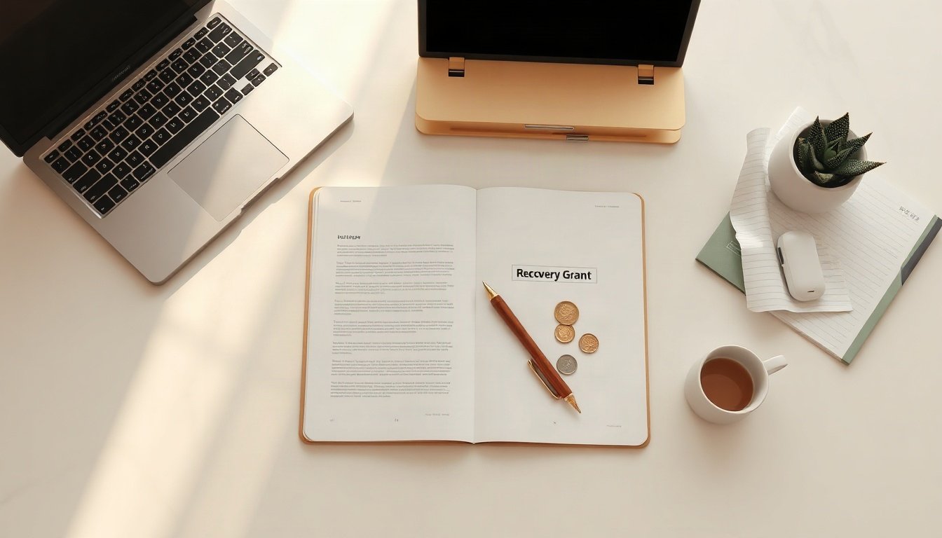 풀면 돈다 - flat lay of Korean economic recovery grant documents and coins on white desk, government support fund concept
